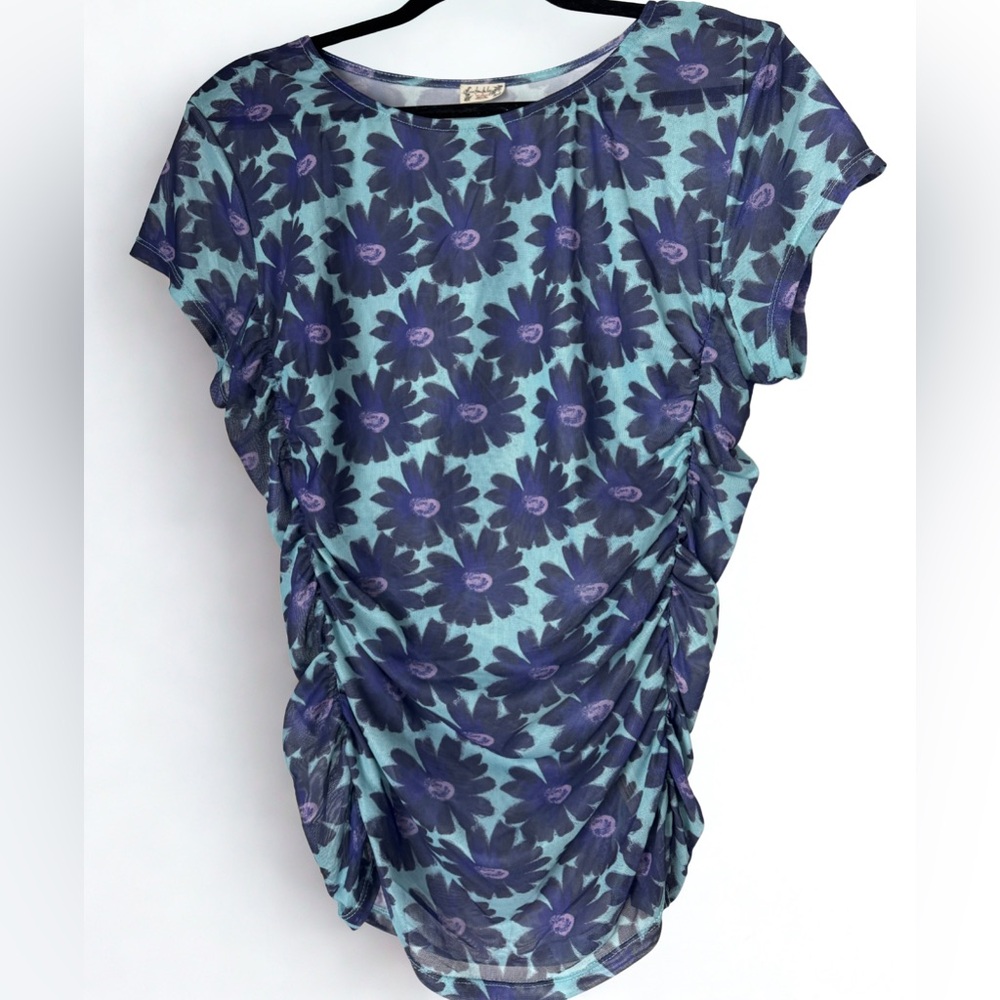 Floral Ruched Transparent Top in Blue and Purple